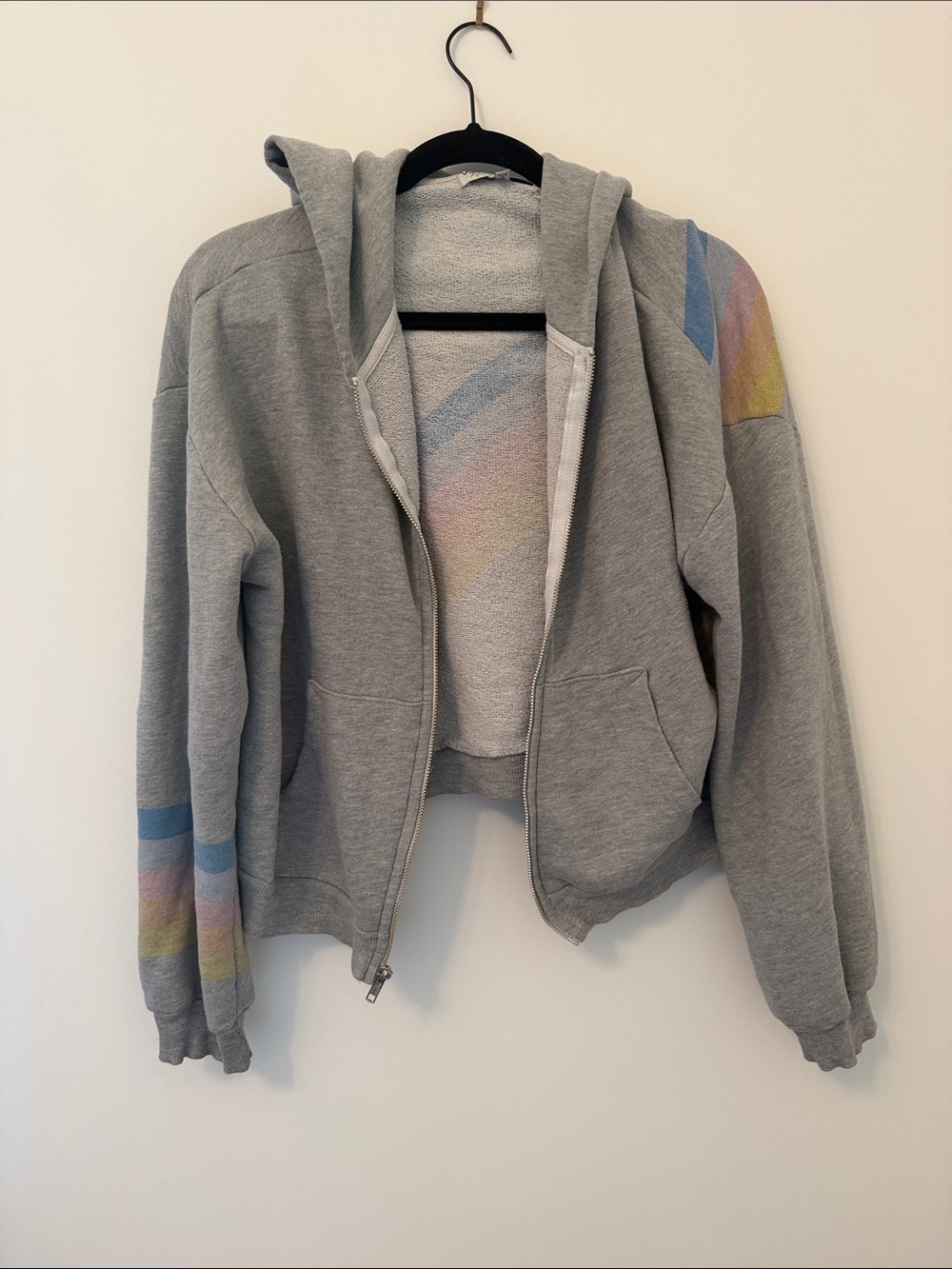 Wildfox Gray Zip Hoodie with Pastel Rainbow Accents